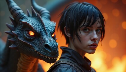 Serious young warrior with dragon on fiery background, fantasy and adventure theme