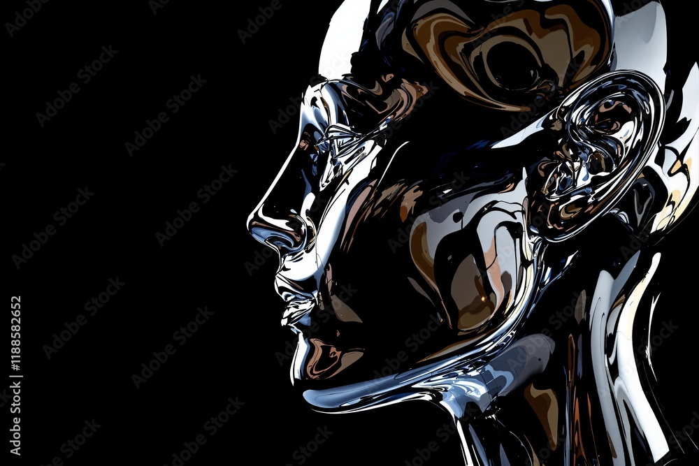 Aufkleber reflective metallic human face in profile on a dark background, showing abstract and futuristic desi