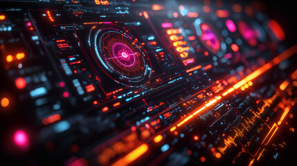 Obraz premium Cyberpunk Control Panel: A futuristic control panel glows with vibrant neon orange and blue hues, intricate circuitry and a central targeting system pulsating with energy.