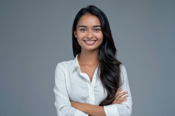 Portrait of smiling Indian girl with crossed arms on grey background.