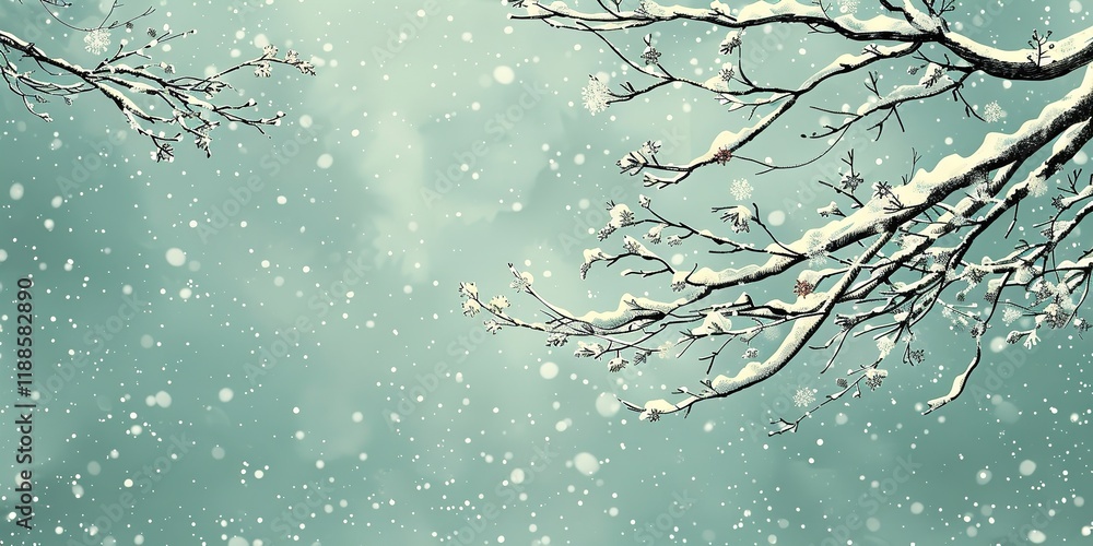 Poster an extremely detailed hand-drawn image of snow-adorned tree branches on a pale green background feat