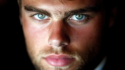 Obraz premium A close up of a man's face with blue eyes