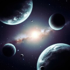 Fototapeta premium Space scene, multiple planets, celestial bodies, cosmic view, ethereal glow, blue hues, dark starry background, orbital alignment, planetary rings, atmospheric effects, celestial light, deep space, ce