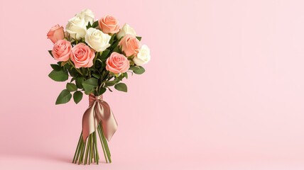 Obraz premium Happy Valentine's Day. Bouquet of pink and white roses tied with ribbon on a soft pink background.