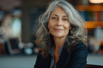 Portrait of happy mature businesswoman looking at camera while working in office
