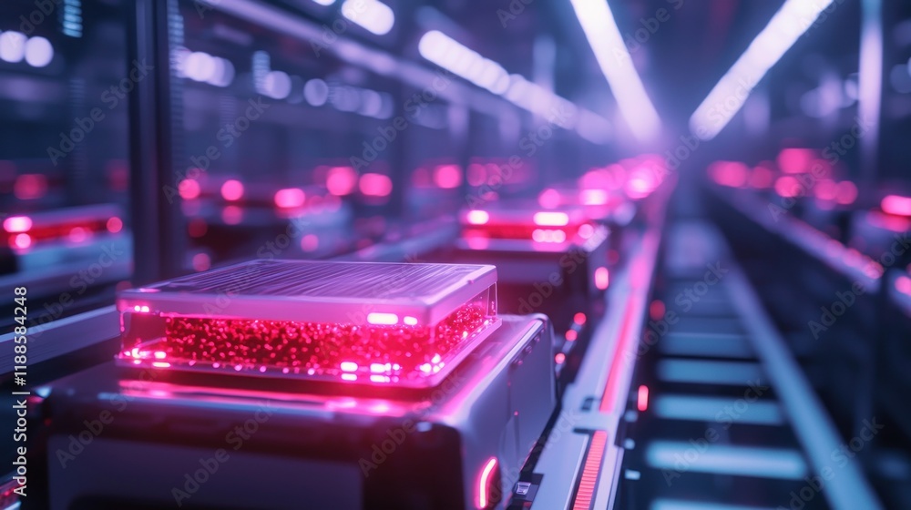 Poster futuristic data center: high-tech server farm with illuminated processing units