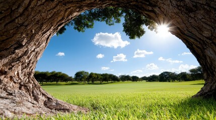 A view of a green field through a hole in a tree