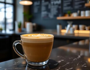 Latte Art Coffee in a Glass Cup on a Marble Countertop