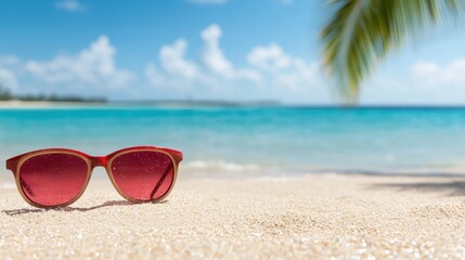 A pair of red sunglasses sitting on top of a sandy beach