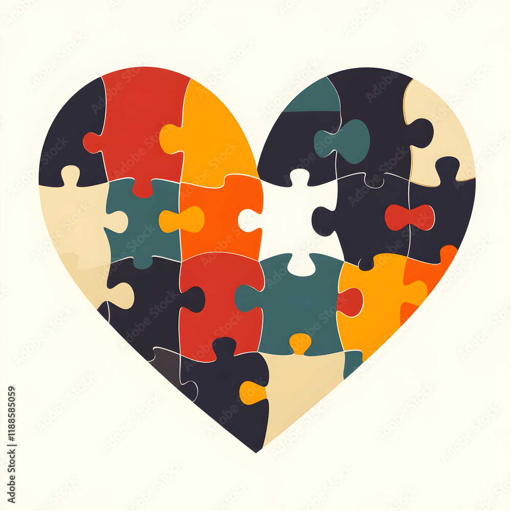 Poster a flat design of puzzle piece heart with interlocking sections in various colors