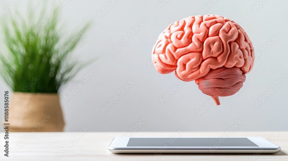Poster a floating brain above a smartphone symbolizes the intersection of technology and intelligence in a 