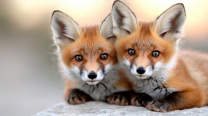 A couple of foxes laying on top of a rock