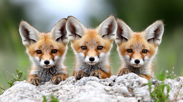 Three foxes are sitting on a rock looking at the camera