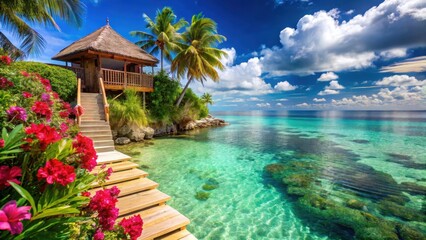 Fototapeta premium Stunning villa perched on a tropical beach with steps leading into crystal-clear turquoise water, surrounded by lush greenery and colorful hibiscus flowers, serene atmosphere, palm tree