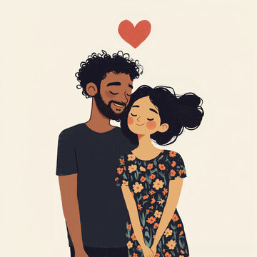 Cute Minimalist Cartoon of Asian Couple in Love Holding Hearts