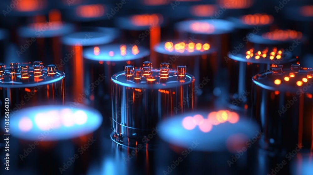 Poster abstract technological glow: a mesmerizing array of illuminated cylindrical components, exhibiting v