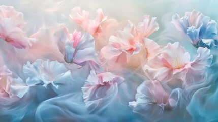 Naklejka premium Abstract blurred background of blue green pastel floral bouquet flowers, grunge soft colors romantic botanical gradient aesthetic flow bloom dreamy vintage texture pattern painting illustration