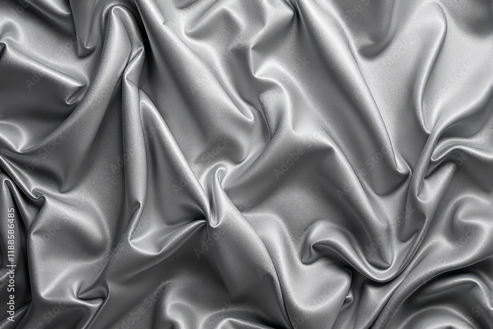 Poster silver satin fabric with soft folds creating a luxurious texture, highlighted by subtle light reflec