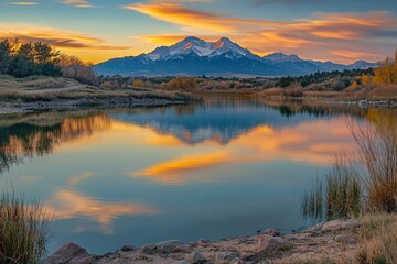 Fototapeta premium Beautiful mountain range is reflected in the calm waters of a lake