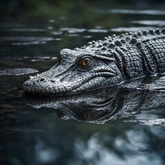 Obraz premium A ghostly alligator with scales of liquid mercury, gliding through a dreamlike river of silver reflections.