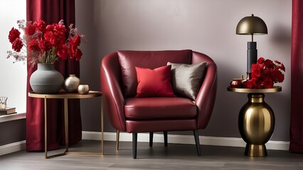 Contemporary Corner Decor with Burgundy Leather Armchair, Metallic Side Table, and Vases with Red Floral Arrangement, Stylish and Cozy Living Space Design