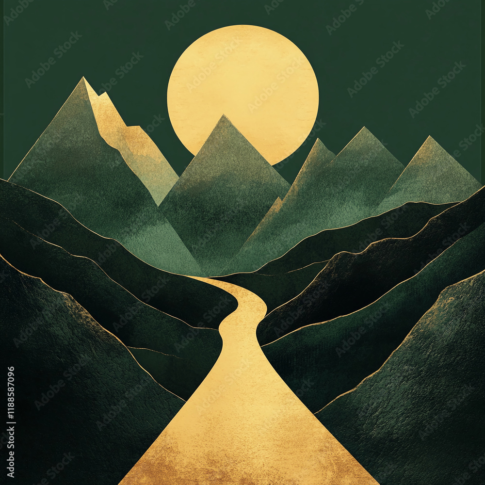 Poster abstract golden mountains with a glowing pathway and moon