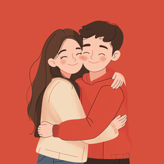 Obraz premium Loving young man hugging his pretty girlfriend on red studio background, happy multiracial lovers enjoying time together, hugs, copy space.