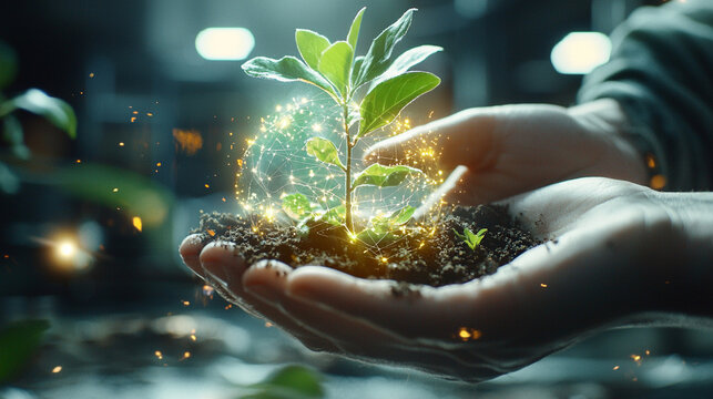 Ai generated vision nurturing a glowing sapling in hand nature's embrace close-up environmental awareness