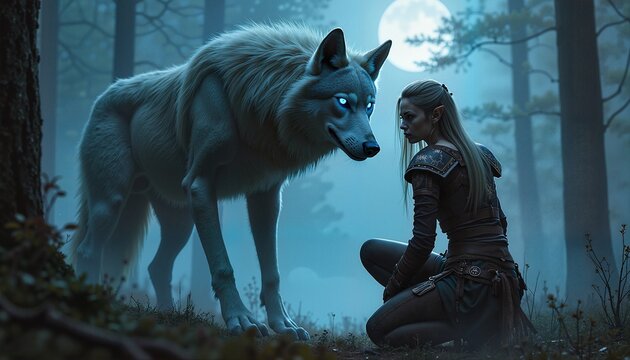 Elf warrior with mystical wolf, nighttime forest background, fantasy storytelling illustration - Powered by Adobe