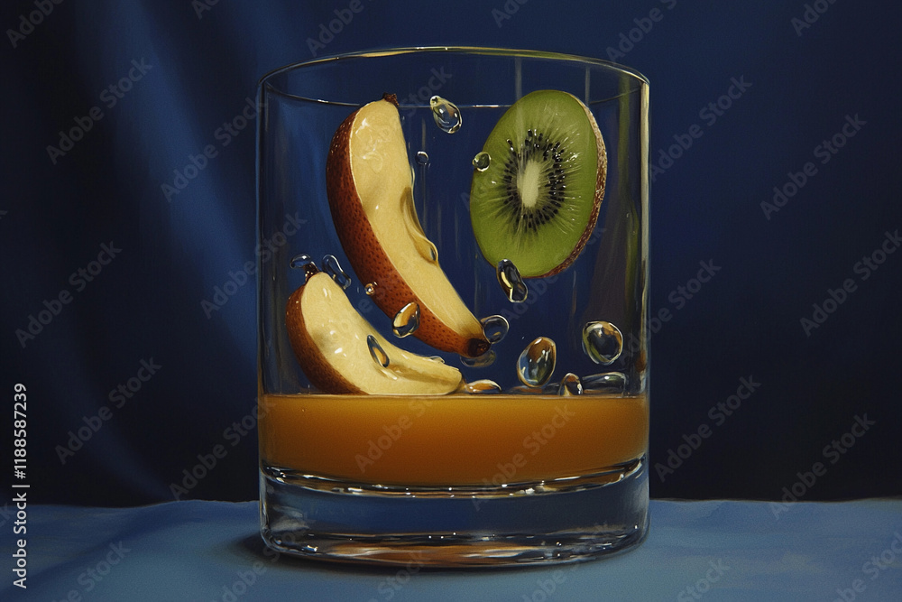 Poster Fruit splashes into juice dynamically