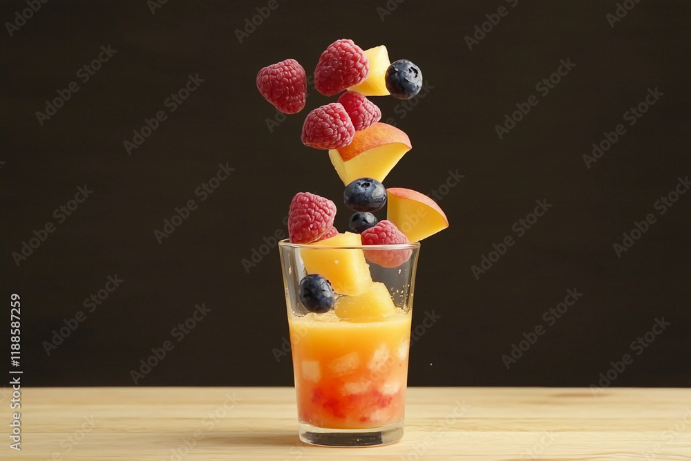 Poster fruits splashing into refreshing juice on a table