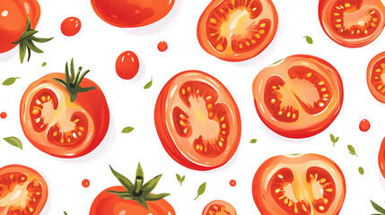 Pattern with different tomatoes Illustration Background. Cherry Tomatoes and Tomato Slices.Red Tomato and Segment Parts Background Pattern Fresh Healthy Vegetable for Restaurant.Vegetarian menu.
