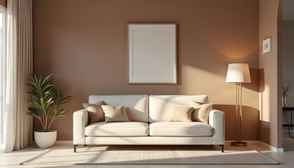 Modern contemporary living room with beige white sofa, a blank photo frame mock up, a floor lamp, and a green houseplant