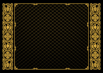 Decorative rectangular golden framework on black background. A3, A4 size proportions. Clipping mask and transparency effect applied. 