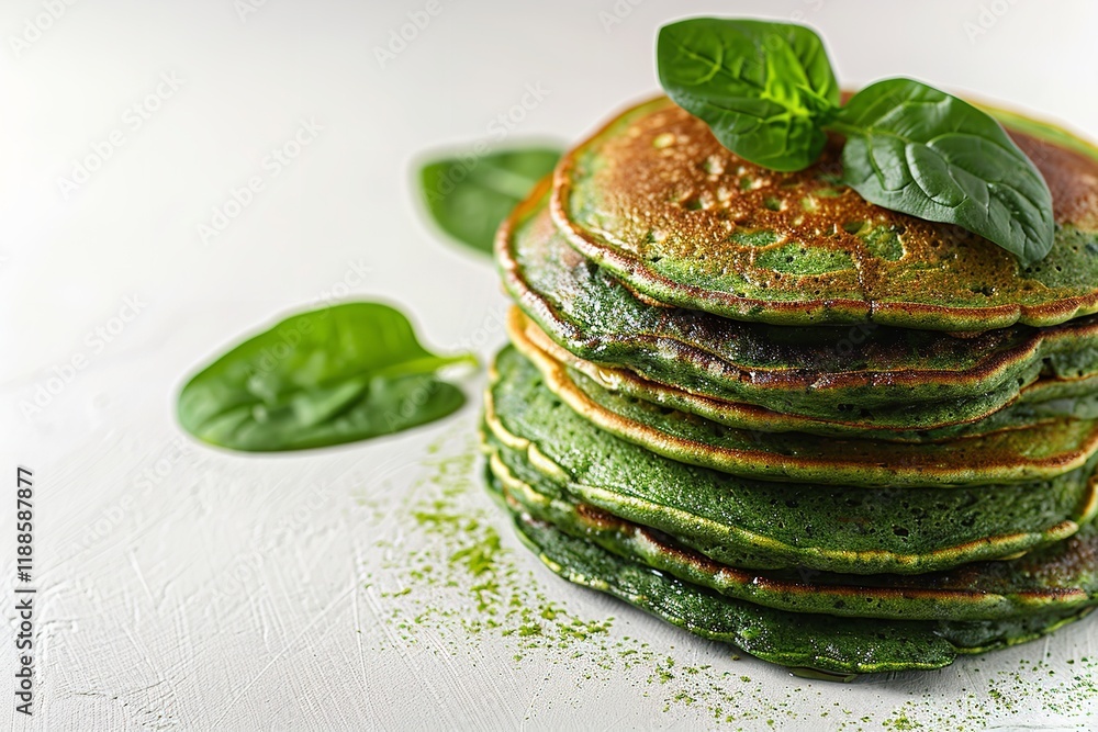 Poster close-up of gluten-free sour cream and spinach pancakes on a white backdrop featuring lots of empty 