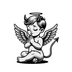 Fototapeta premium Praying devil cherub with horns, wings, and tail, blending angelic and demonic traits. A detailed black and white character illustration for fantasy themes. Isolated vector illustration.