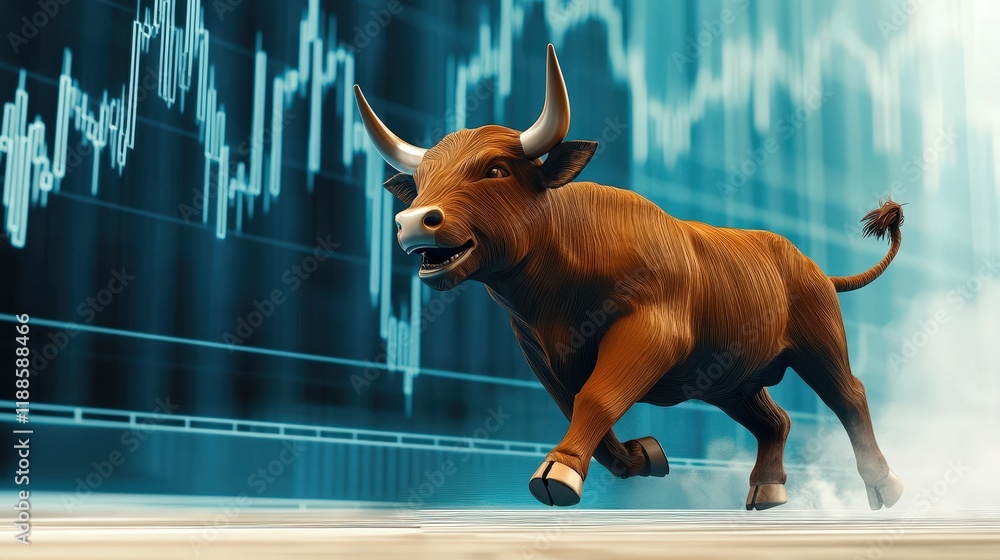 Poster dynamic bull running with financial graphs in background