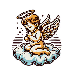 Golden-haired cherub with halo and wings, sitting on a fluffy cloud in a peaceful pose. A charming and spiritual character illustration for festive or decorative themes. Isolated vector illustration