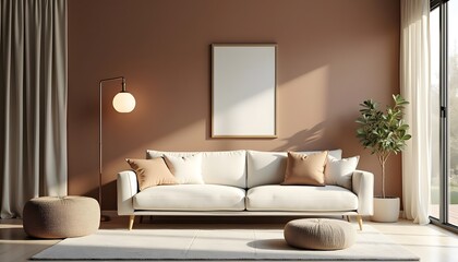 Modern contemporary living room with beige white sofa, a blank photo frame mock up, a floor lamp, and a green houseplant