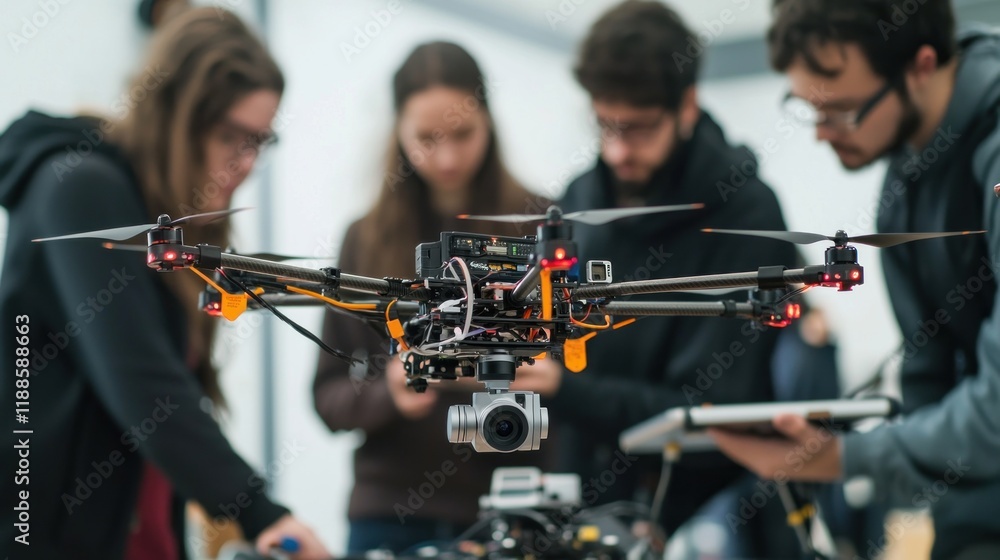 Poster drone technology: team of engineers testing and developing a multirotor uav