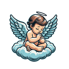 Fototapeta premium Adorable cherub with delicate wings and halo, peacefully sitting on a cloud in a prayerful pose. A spiritual and artistic character illustration for celestial or decorative themes. Isolated vector ill