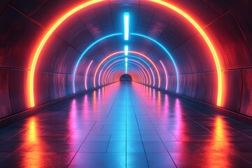 3D render of an abstract background with blue neon lines and glowing light rays in a dark room, creating a futuristic and vibrant atmosphere.