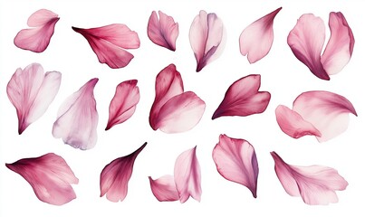 
Watercolor cherry blossom petals flying, isolated on a white background, in a simple style.