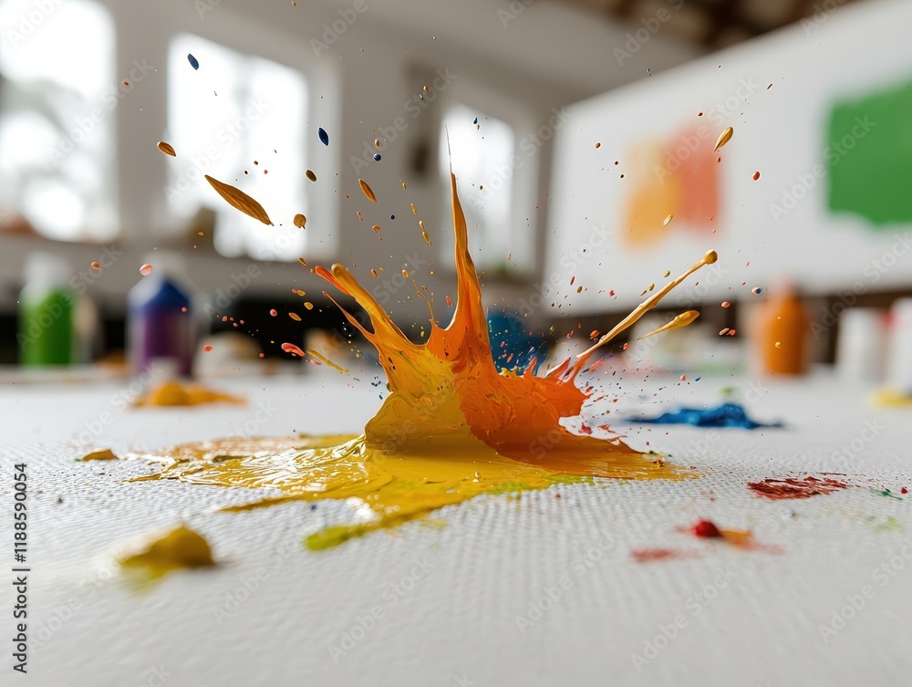 Poster colorful paint splatters on canvas close-up in bright studio environment with artistic vibes and cre