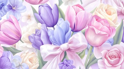 Obraz premium A vibrant bouquet of pastel flowers with a ribbon.