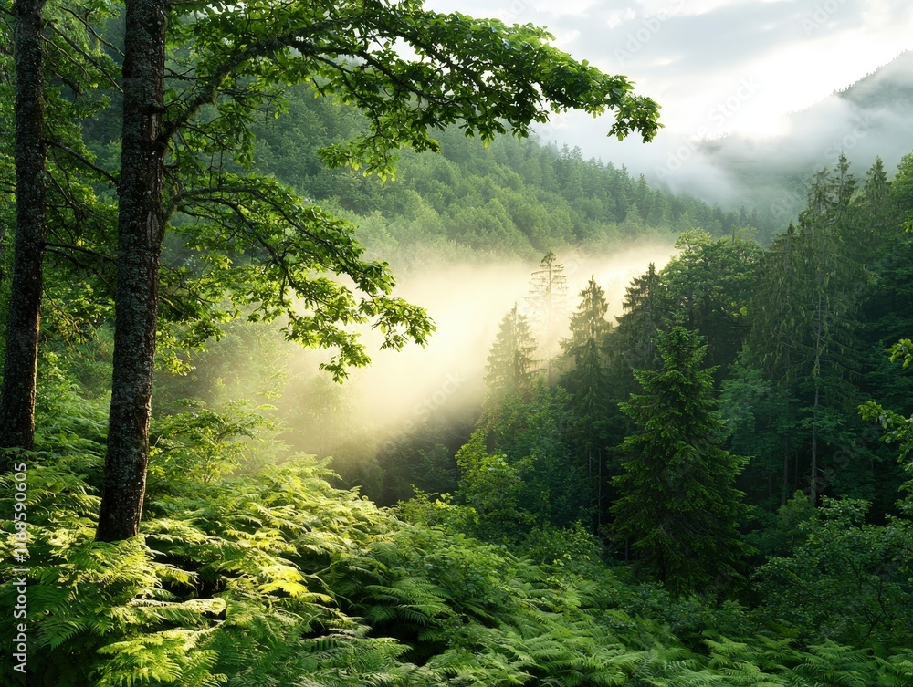 Poster serene misty forest at dawn with soft light filtering through trees and fog in tranquil natural land