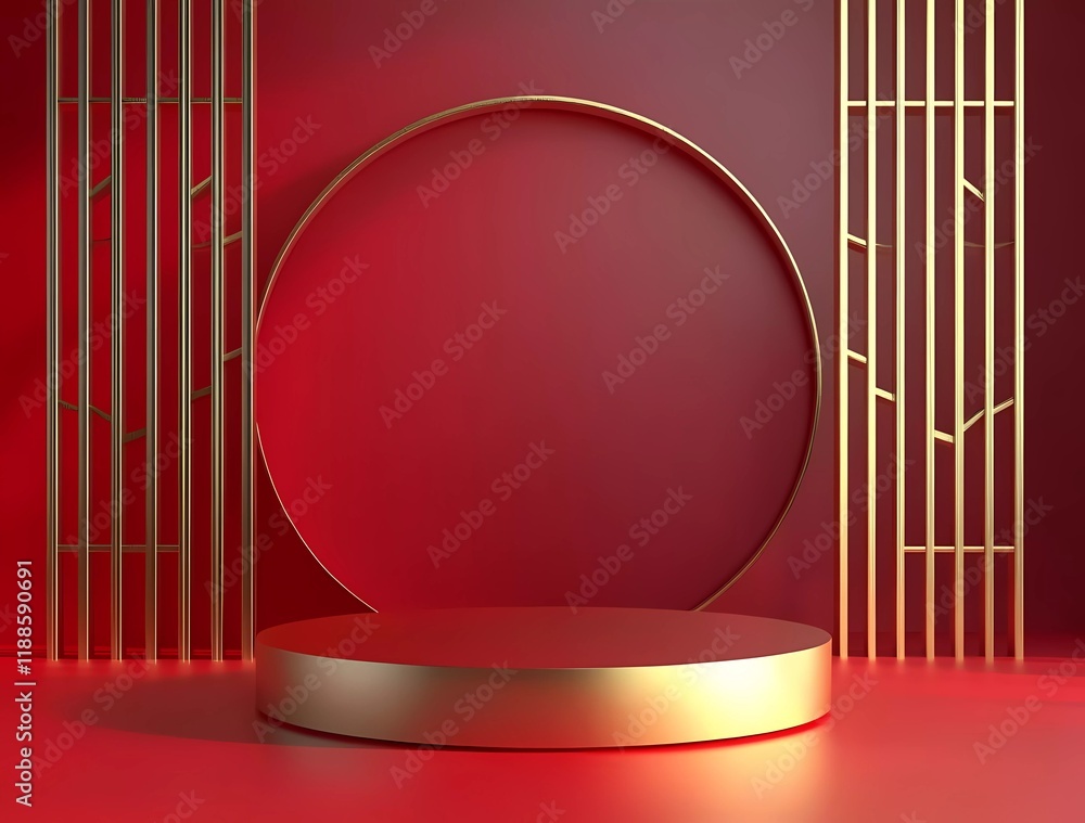 Poster 3d rendering of a podium display for a product showcase, featuring a golden circular base on a red b