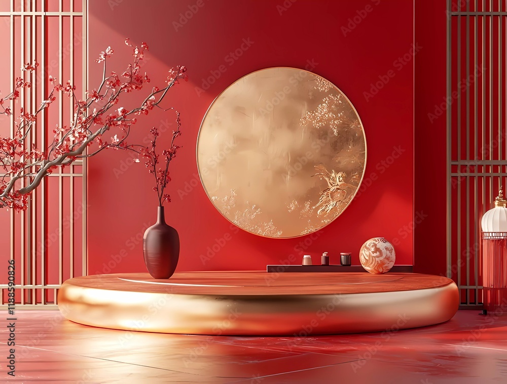 Poster 3d rendering of a podium display for a product showcase, featuring a golden circular base on a red b
