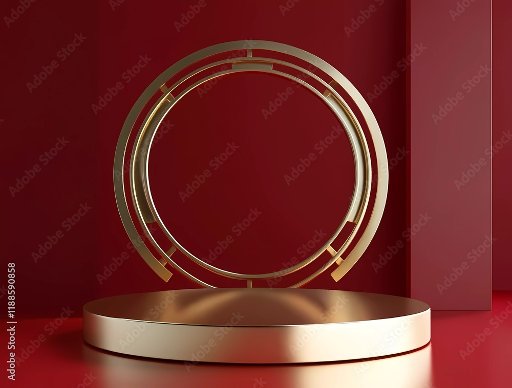 Poster 3d rendering of a red background with a golden cylinder podium product display stand mockup scene, a