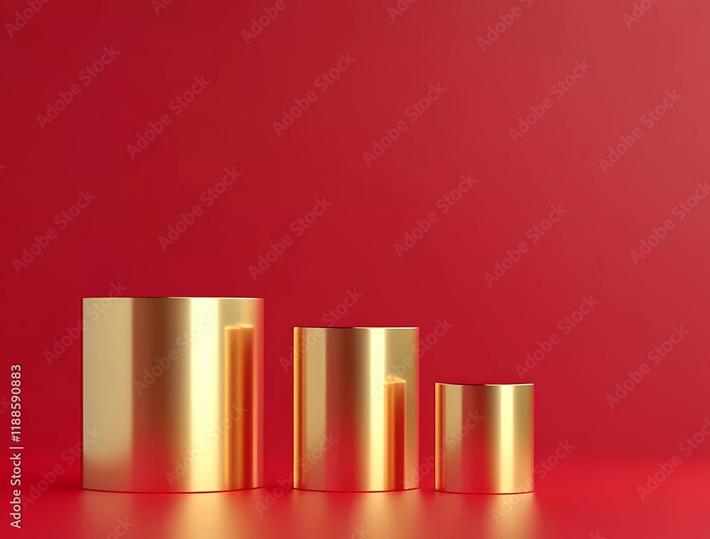 Poster 3d rendering of a red background with a golden cylinder podium product display stand mockup scene, a